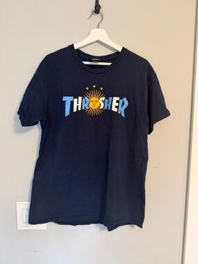 Thrasher Navy Blue Tee with Yellow Sun Logo